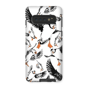 Delightful puffin design for a Samsung Galaxy S10 phone case, puffins are flying around and have vibrant orange beaks and feet. 