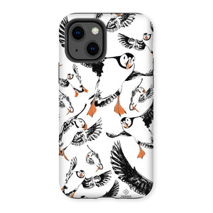 Delightful puffin design for an iPhone 13 phone case, puffins are flying around and have vibrant orange beaks and feet. 