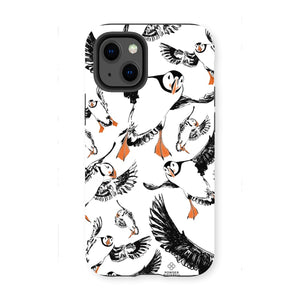 Delightful puffin design for an iPhone 13 mini phone case, puffins are flying around and have vibrant orange beaks and feet. 