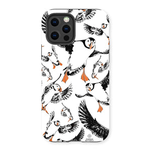Delightful puffin design for an iPhone 13 Pro phone case, puffins are flying around and have vibrant orange beaks and feet. 