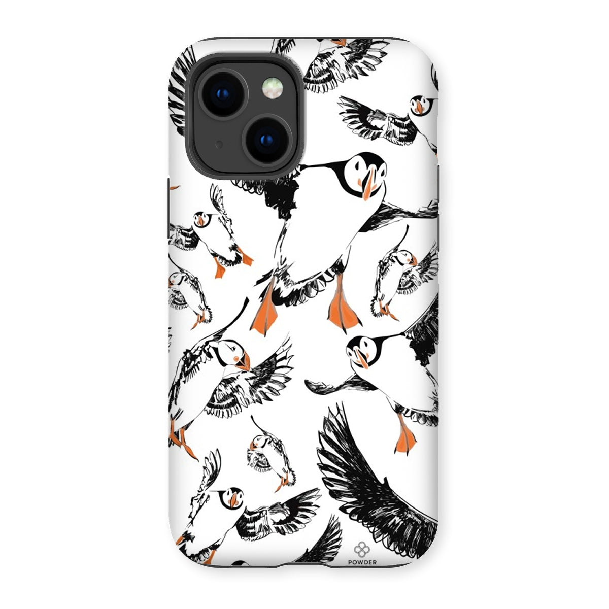 Delightful puffin design for an iPhone 14 phone case, puffins are flying around and have vibrant orange beaks and feet. 