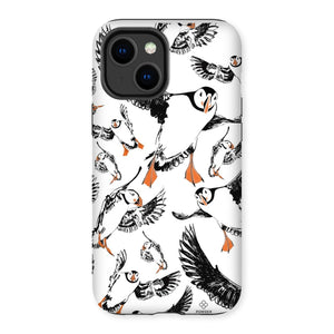 Delightful puffin design for an iPhone 14 Plus phone case, puffins are flying around and have vibrant orange beaks and feet. 