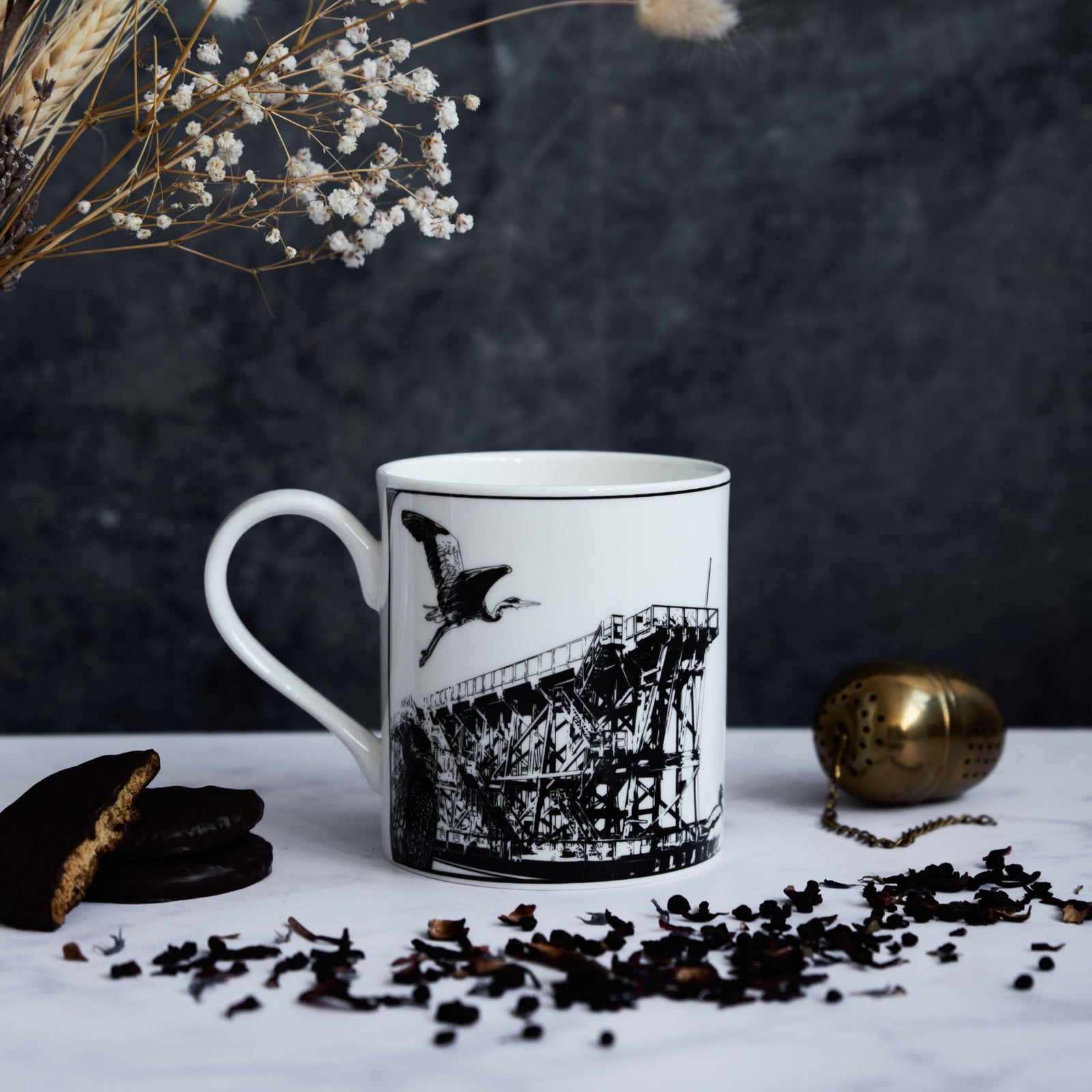 PowderButterfly Mugs Staiths China Mug illustrated in black and white