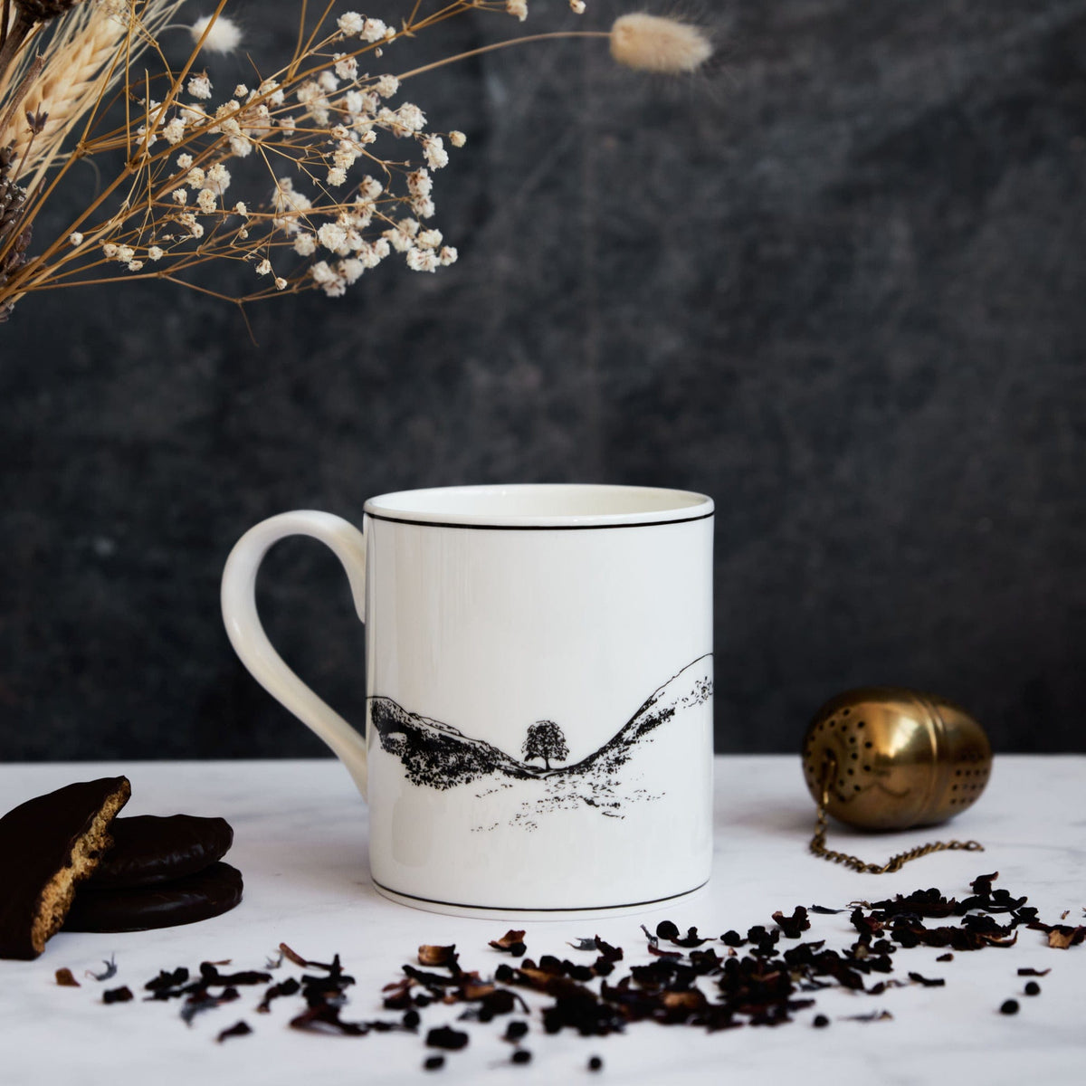 PowderButterfly Mugs Sycamore Gap Two Trees Mug Illustrated in black and white featuring the tree before it was felled 