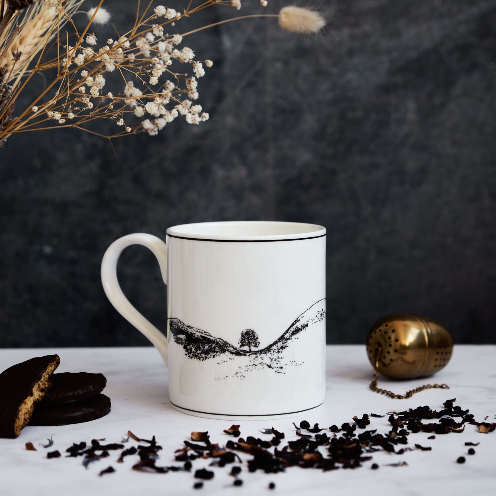 PowderButterfly Mugs Sycamore Gap Two Trees Mug Illustrated in black and white featuring the tree before it was felled 