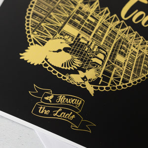 Gold illustration of a St James' Park with two magpie birds and a banner with "Howay the Lads" on a black background