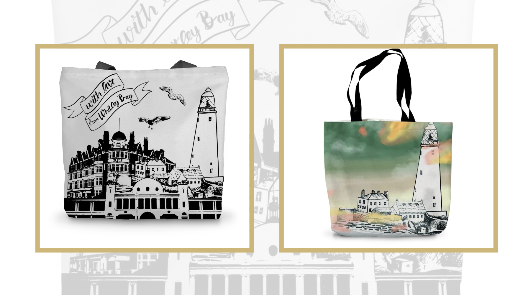 Powder Butterfly Banner Image Featuring Whitley Bay Themed Shopping totes