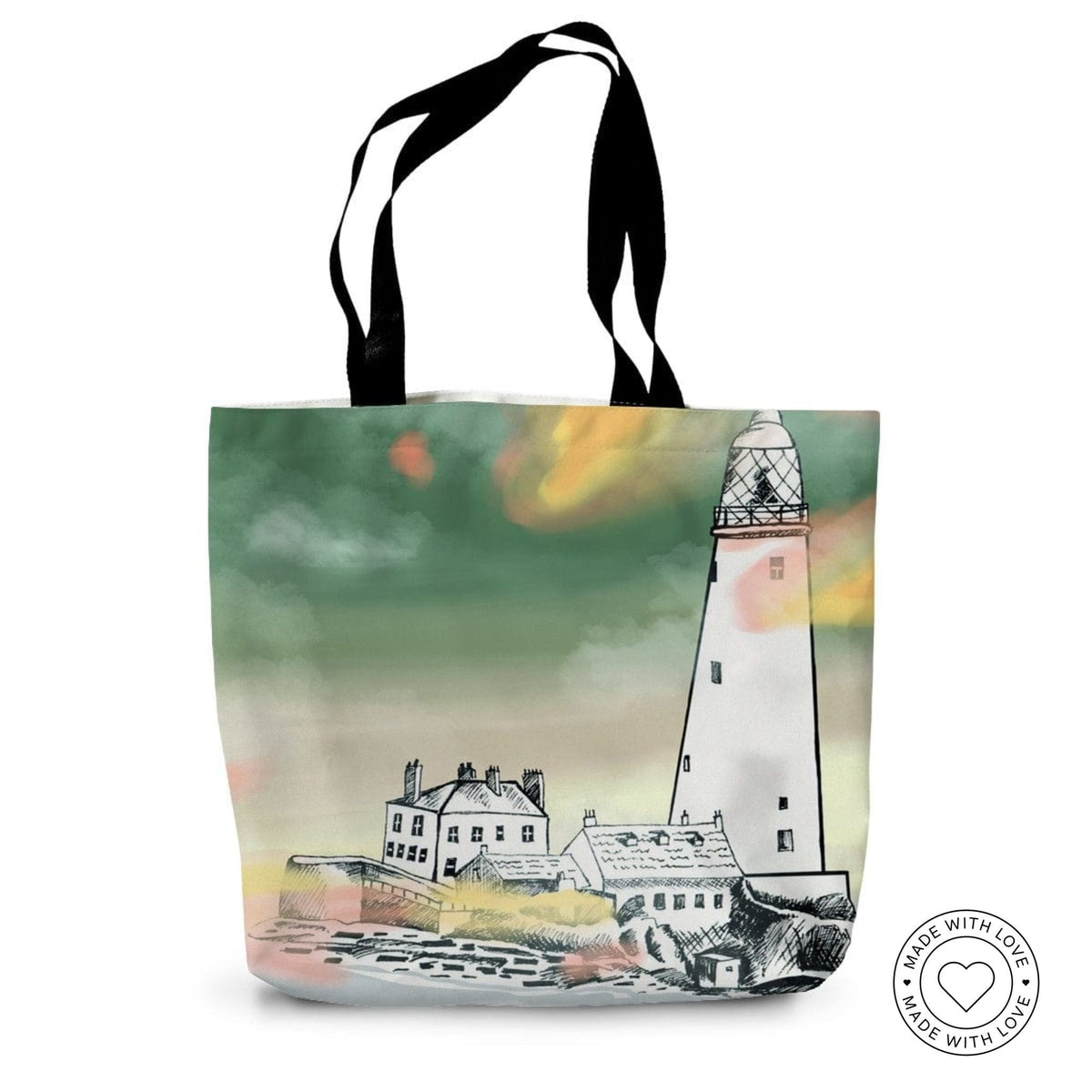 Coloured tote complete with black and white illustration of whitley bays features and landmarks by powder butterfly