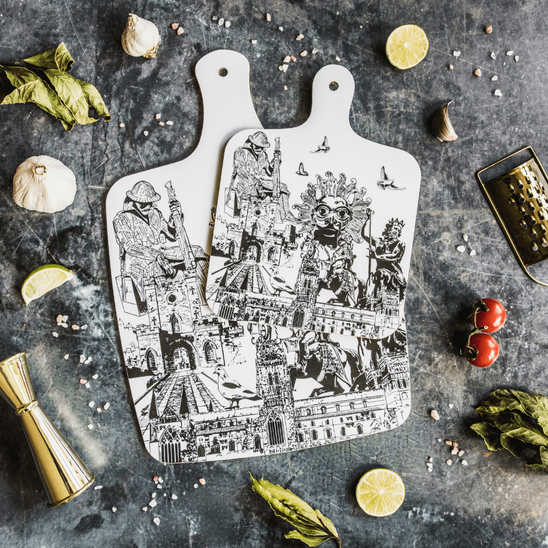 black and white illustration of Durham Cathedral on a wooden chopping board by powder butterfly