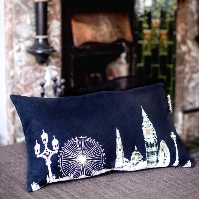 PowderButterfly Cover and cushion insert London Cushion in Navy with white illustration of Londons skyline including monuments and landmarks 