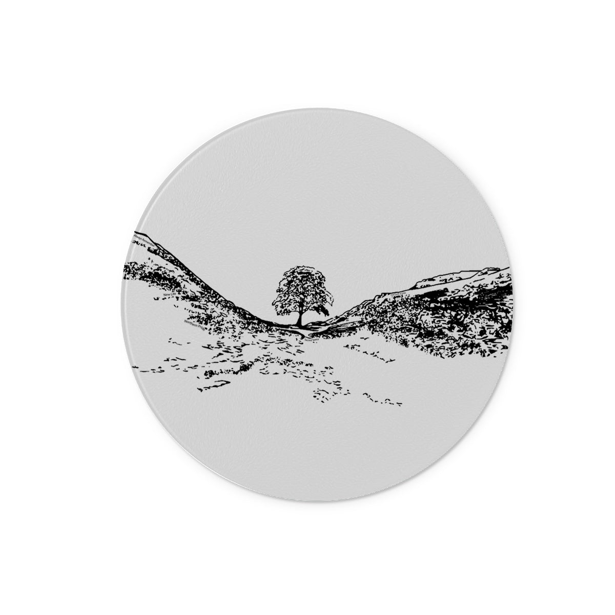 Sycamore Gap themed coaster featuring a Sycamore Gap design by Powder Butterfly and illustrated in black and white