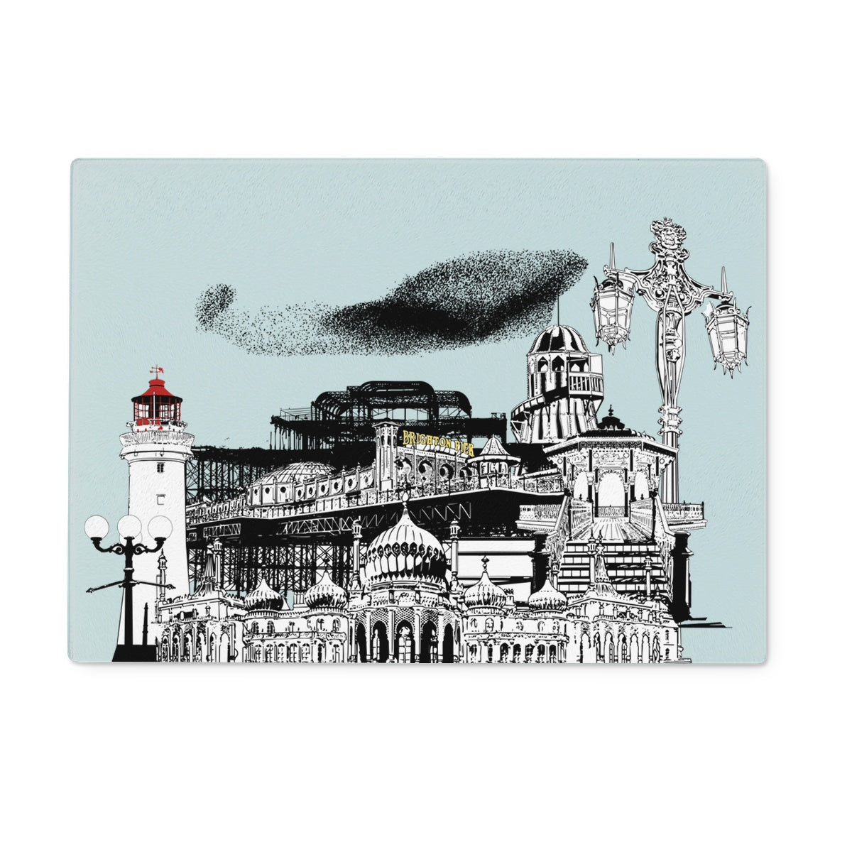 Round glass chopping board Featuring Brightons Landmarks designed by Powder Butterfly