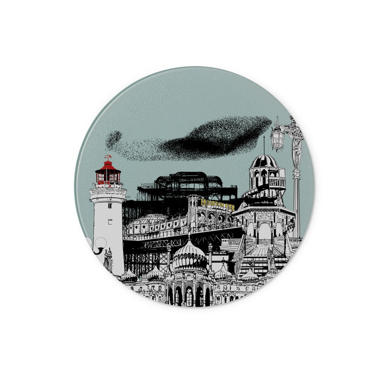 Round glass chopping board Featuring Brightons Landmarks designed by Powder Butterfly
