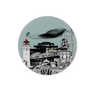 Round glass chopping board Featuring Brightons Landmarks designed by Powder Butterfly