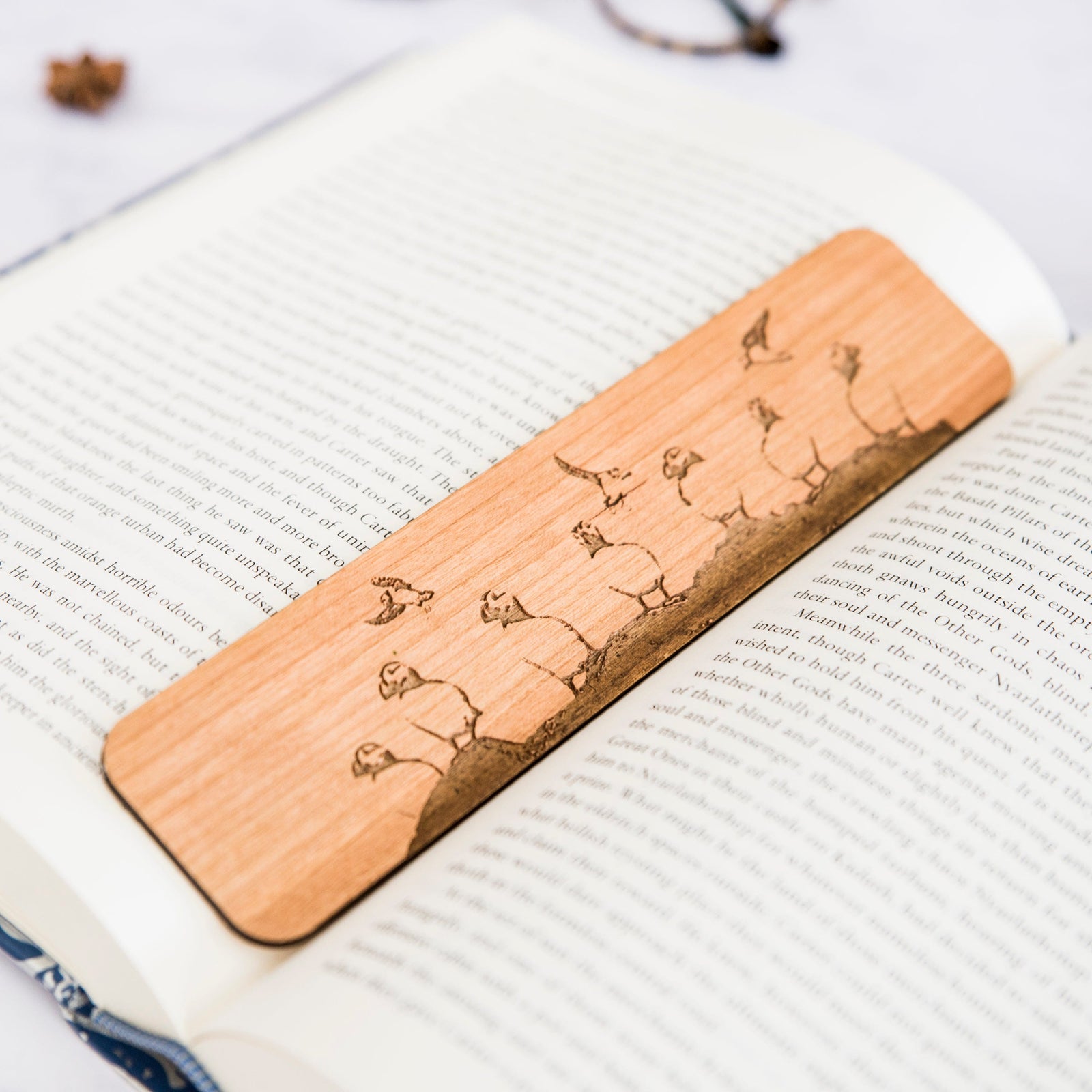 Wooden Farne Island Puffin Bookmark - PowderButterfly with laser etched design of some puffins