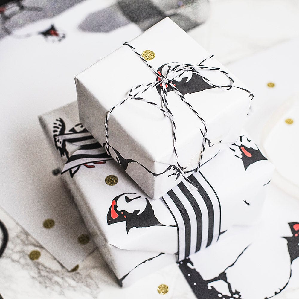 Farne island puffin gift wrap - Powder Butterfly with black and white illustrations of puffins, orange colour included for detail