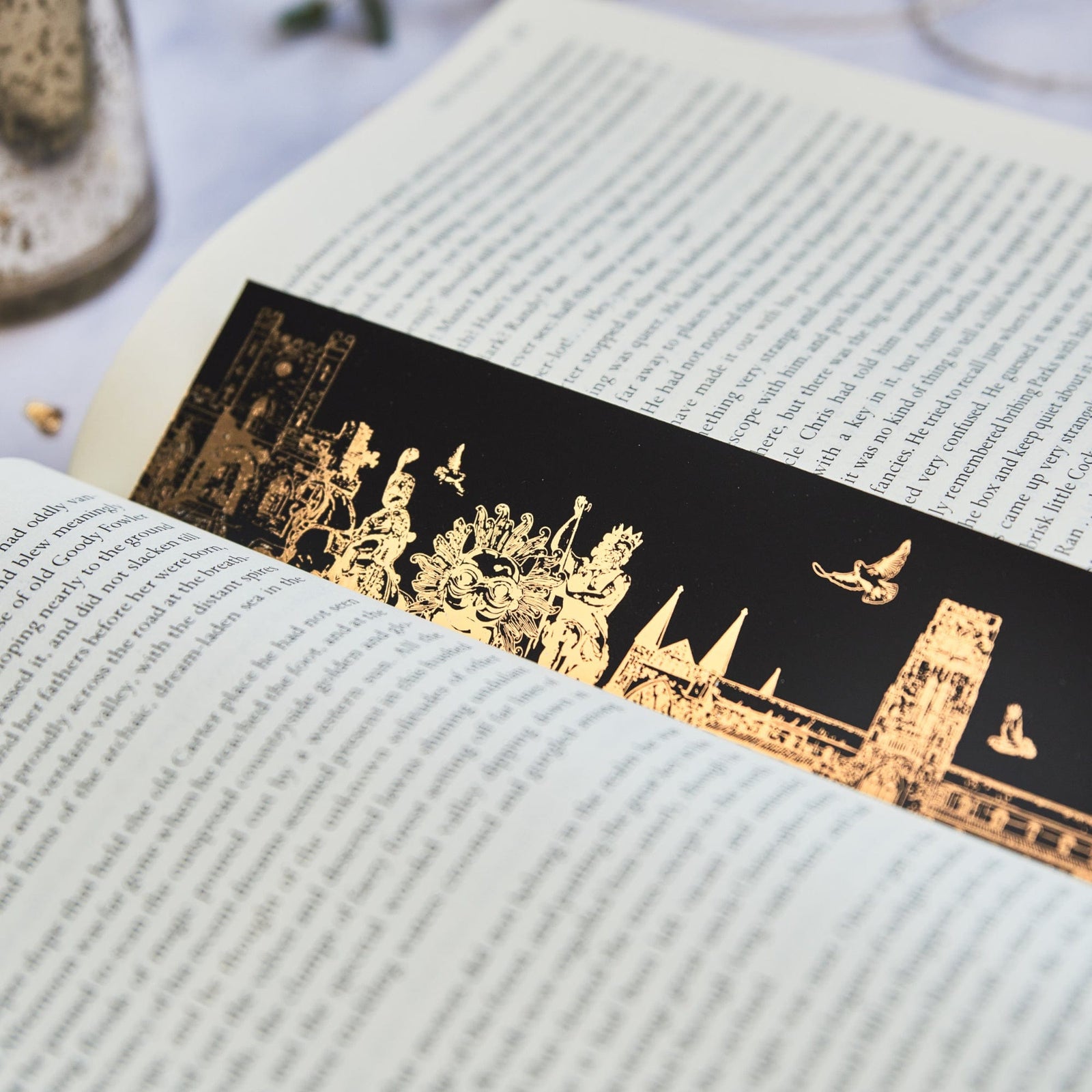 Durham Cathedral Bookmark - Powder Butterfly Durham Gold Foil Bookmark with gold foil illustrations of Durham and its various landmarks and monuments