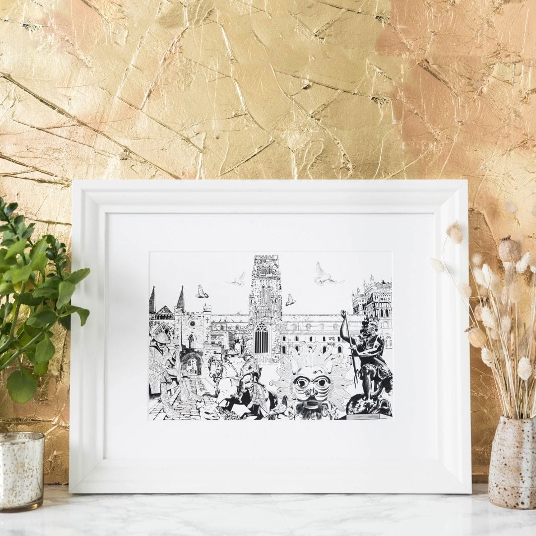Durham Cathedral Print - PowderButterfly Framed Durham Print with black and white illustration of Durham Cathedral and other landmarks