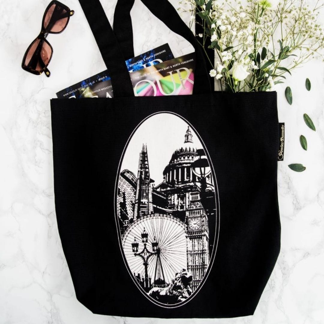PowderButterfly London Bag black tote back with black and white illustration of Londons monuments and landmarks