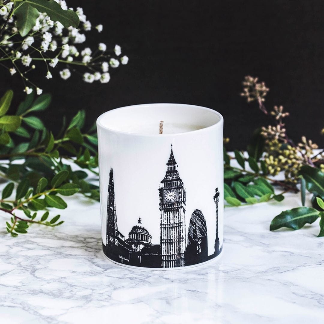 PowderButterfly London Candle & holder with black and white illustration of Londons landmarks and monuments