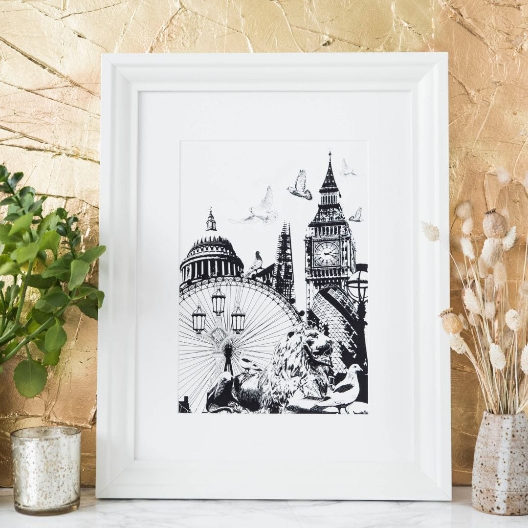 PowderButterfly Framed London Print with black and white illustration of London and its monuments and landmarks.