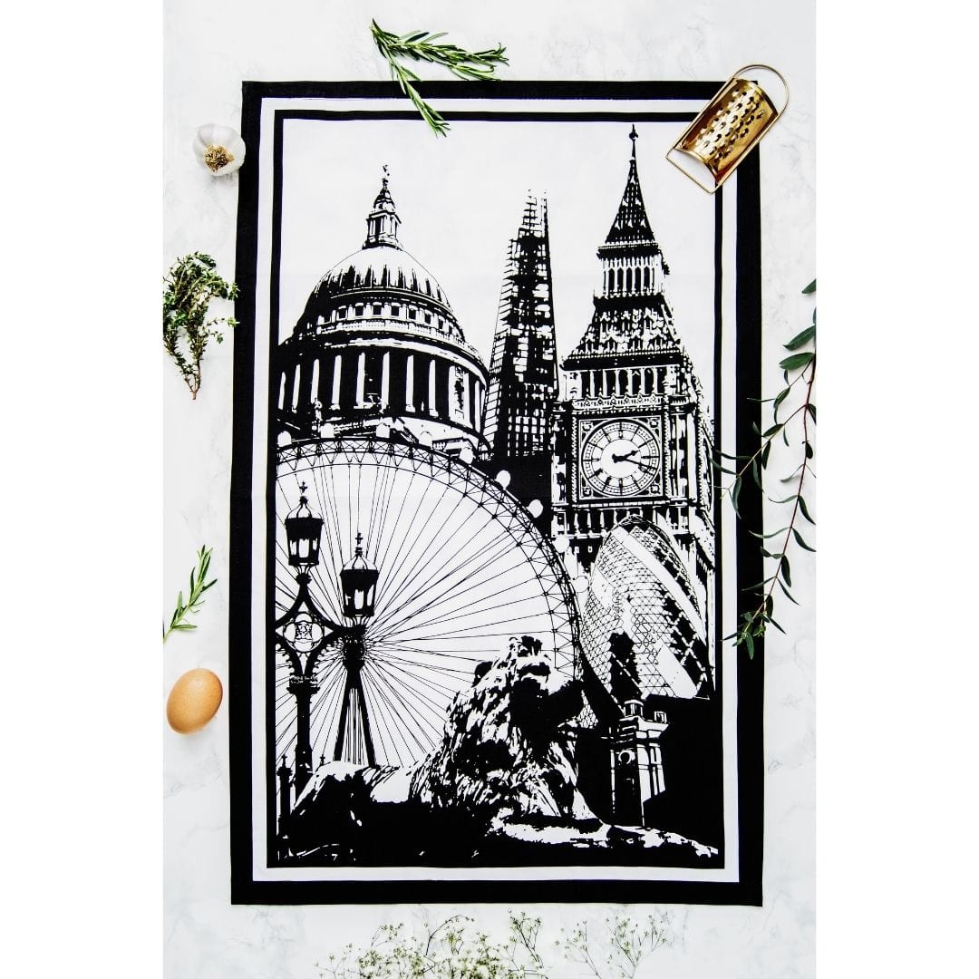 PowderButterfly London Tea Towel Illustrated in black and white featuring Londons most famous landmarks and monuments