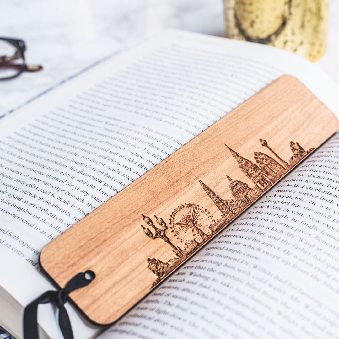 PowderButterfly London skyline bookmark with laser etched design of Londons skyline featuring landmarks and monuments