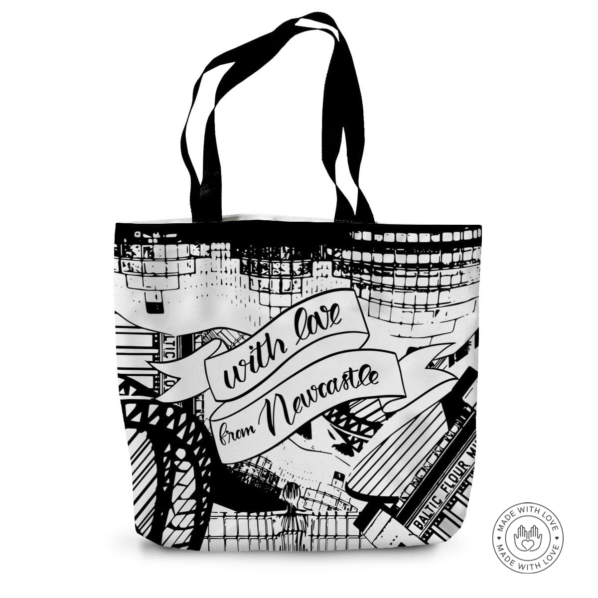 Newcastle Canvas Tote Bag - Tyne Bridge, Angel of the North - With Love from Newcastle text is layered over iconic local landmarks. This bag is black and white designed by PowderButterfly 14"x18.5" 