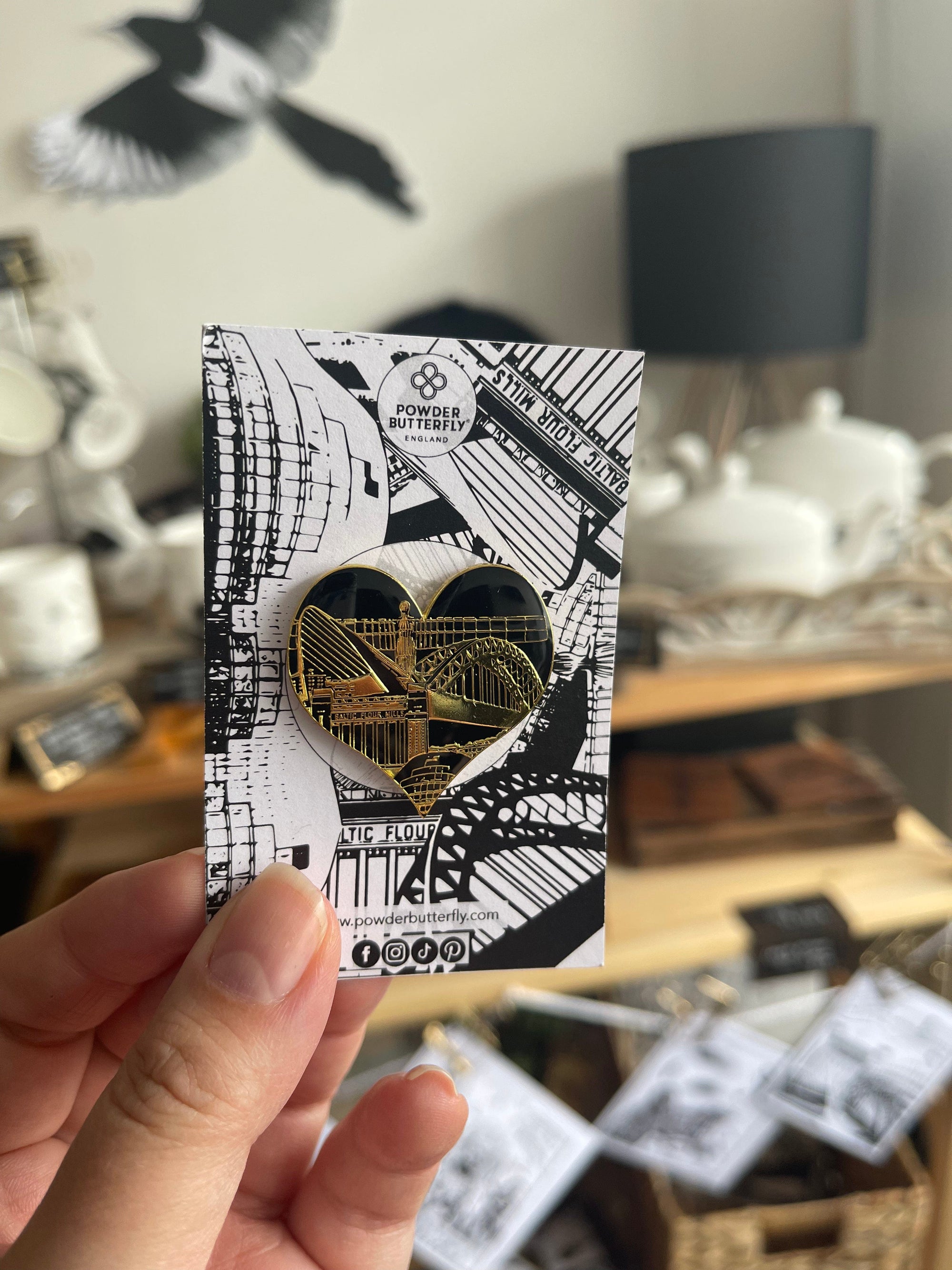 Newcastle and Gateshead landmarks Pin Badge featuring angel of the north, tyne bridge, baltic, glasshouse and Gateshead millennium bridge. Designed by Powder Butterfly 