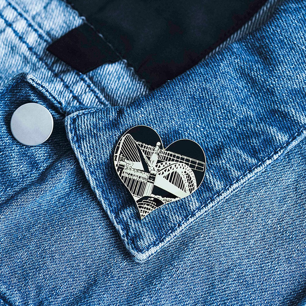 Newcastle and Gateshead landmarks Pin Badge featuring angel of the north, tyne bridge, baltic, glasshouse and Gateshead millennium bridge. Designed by Powder Butterfly 