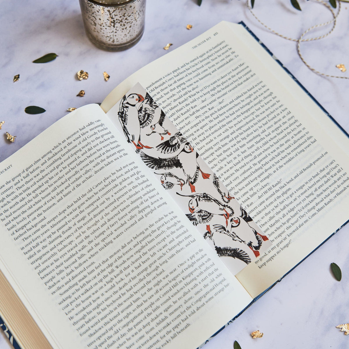 Colourful Farne Island Puffin Bookmark Powder Butterfly complete with a black and white illustration of Puffins using orange for detail