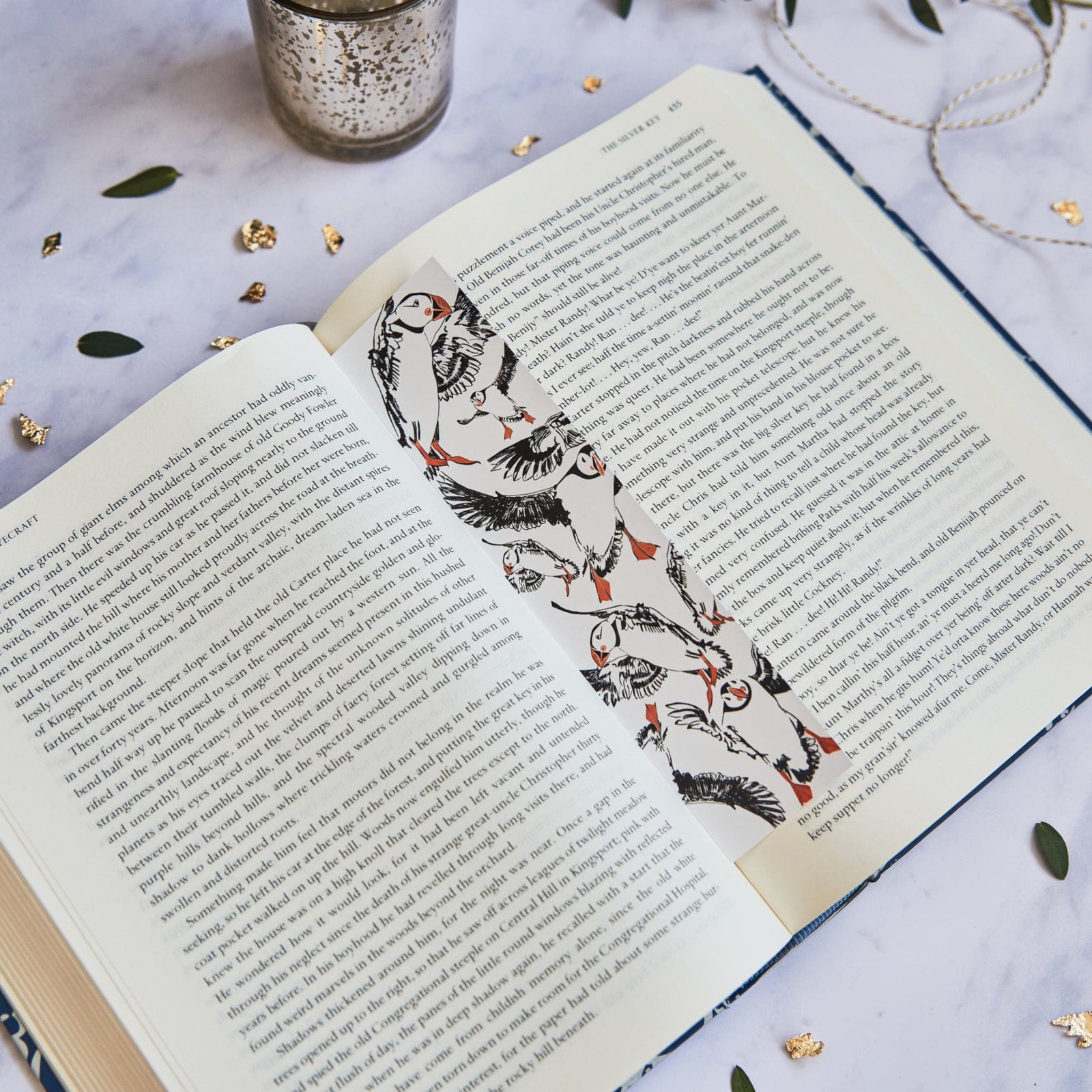Colourful Farne Island Puffin Bookmark Powder Butterfly complete with a black and white illustration of Puffins using orange for detail