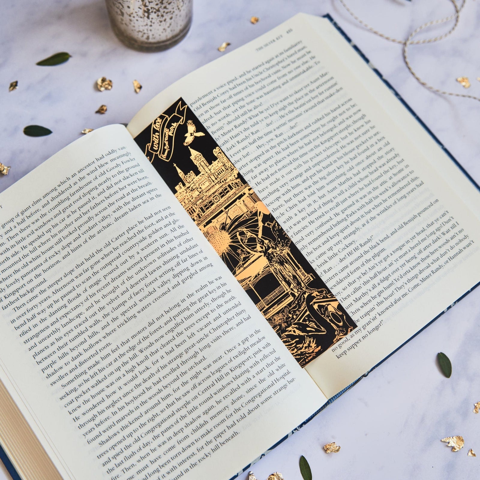 PowderButterfly Stationery Saltwell Park Gold Foil Bookmark complete with gold foil illustration of saltwell parks landmarks and monuments