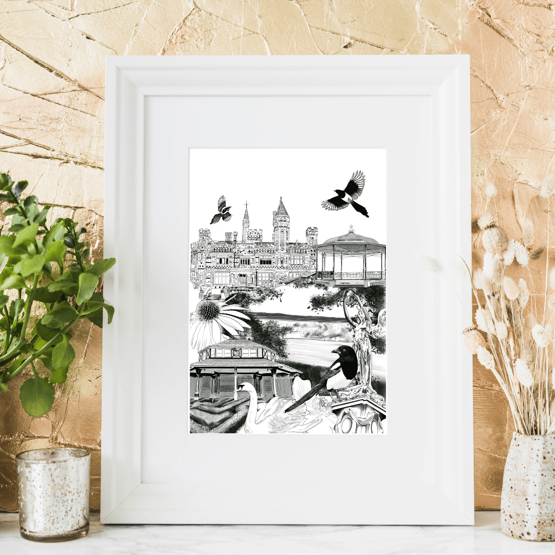 PowderButterfly Print Saltwell Park Print complete with black and white illustration of saltwell parks landmarks and monuments
