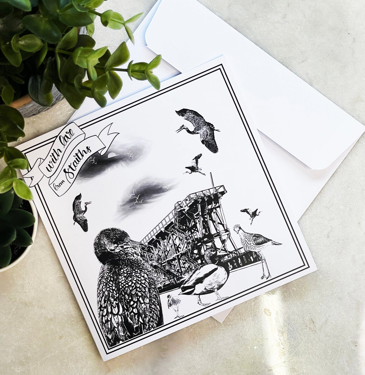 PowderButterfly Copy of With Love from Staiths greetings card complete with black and white illustration of Dunston Staiths