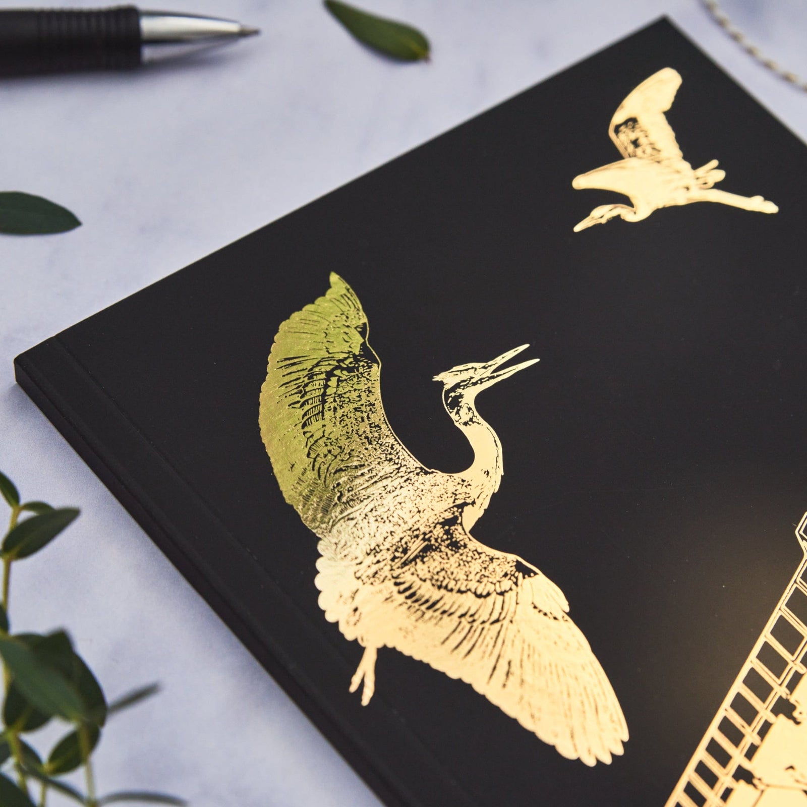 PowderButterfly Stationery Staiths Softback Gold Foil Notebook featuring a golf foil illustration of Dunston Staiths