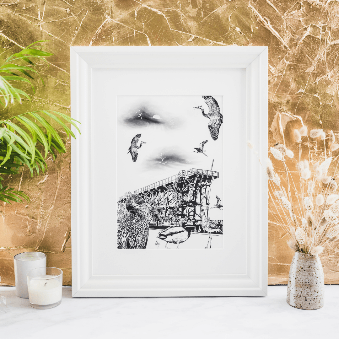 PowderButterfly Print Framed Staiths Print illustrated in black and white 