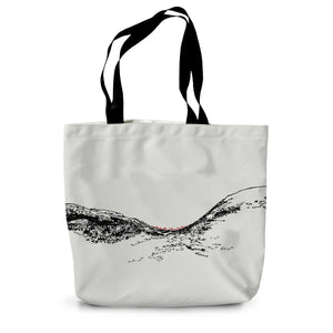 Sycamore Gap themed shopping tote featuring poppies where the tree once stood and text in the landscape with phrases referencing peoples memories and thoughts about this iconic landmark by Powder Butterfly