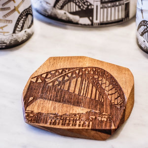 PowderButterfly irregular sided Tyne Bridge wood coaster