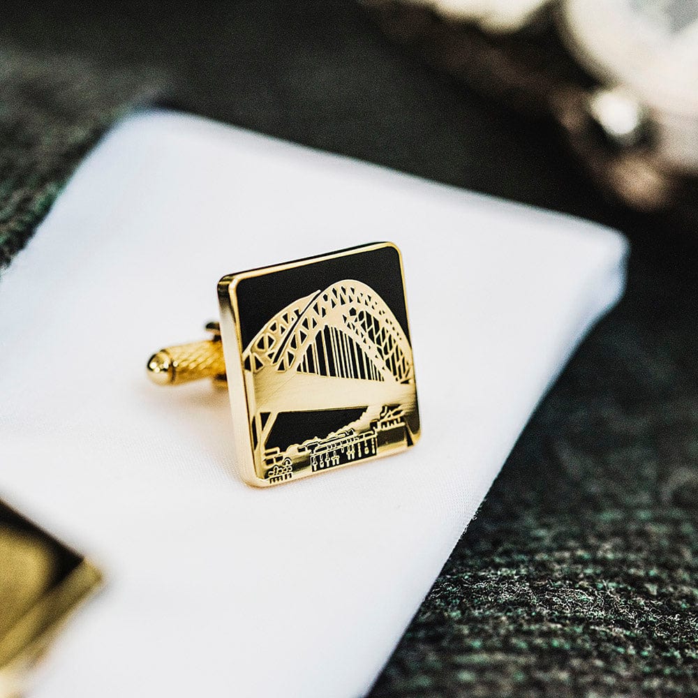 PowderButterfly Tyne Bridge Cuff Links with black and gold enamel and illustration