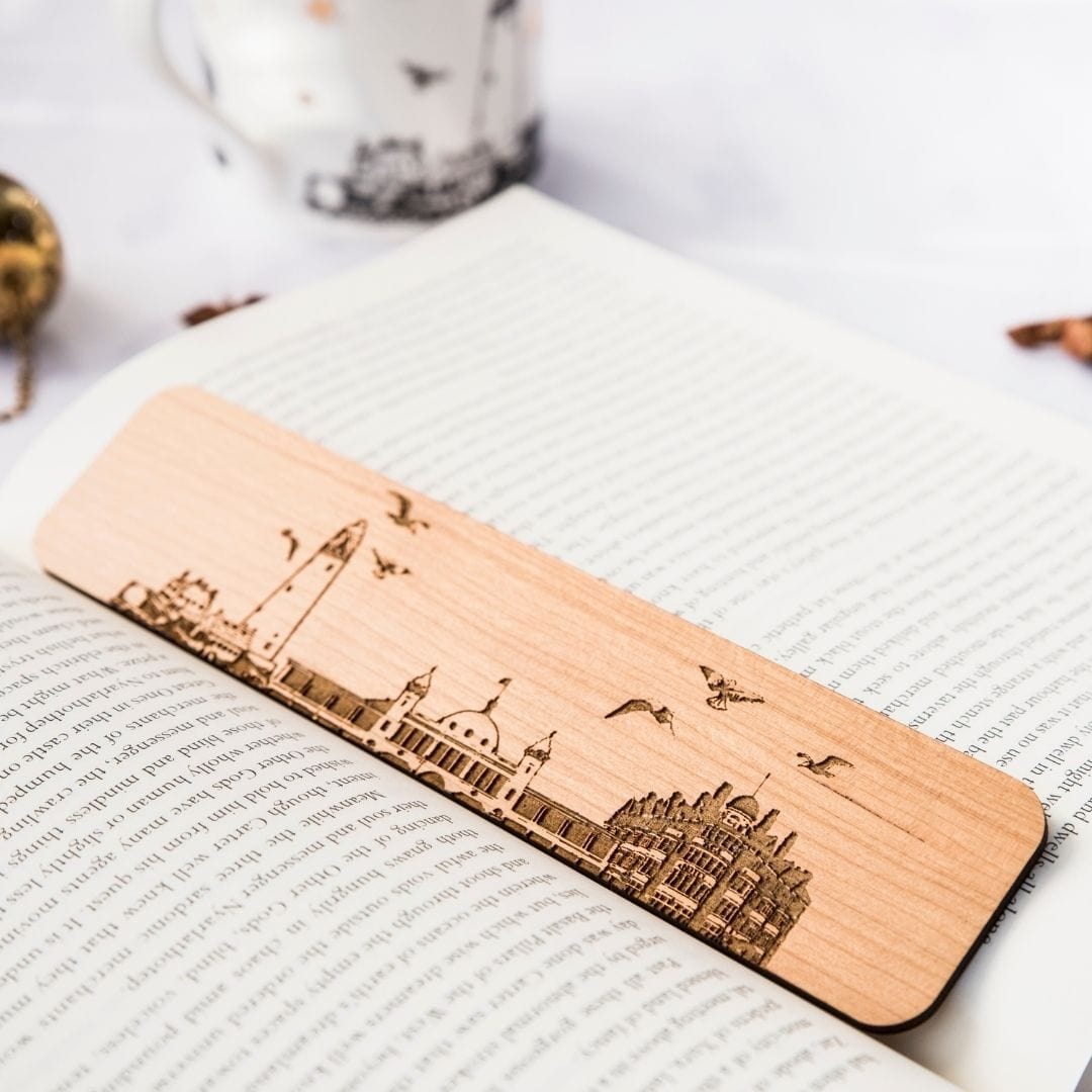 PowderButterfly Whitley Bay Bookmark with laser etched illustration of Whitley bays monuments and landmarks