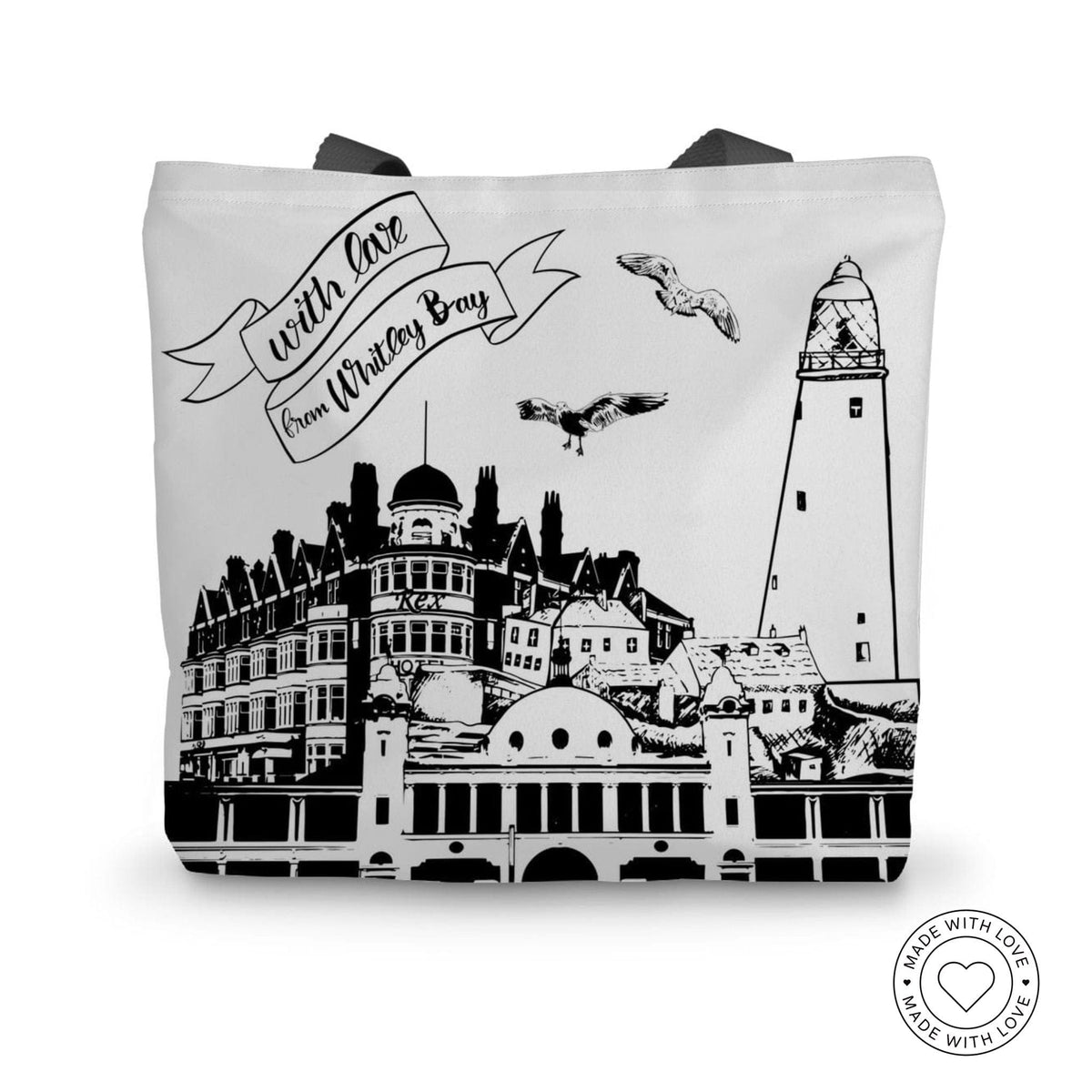 Prodigi Accessories 14"x18.5" Whitley Bay Canvas Tote Bag complete with black and white illustration of Whitley bays many Landmarks and features