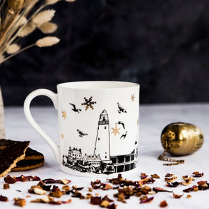 PowderButterfly with gold snowflakes Whitley Bay Mug