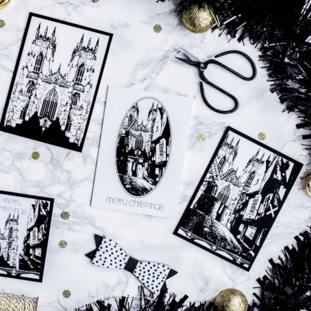 PowderButterfly York Christmas and Greetings Cards with black and white illustration of York monuments and landmarks 