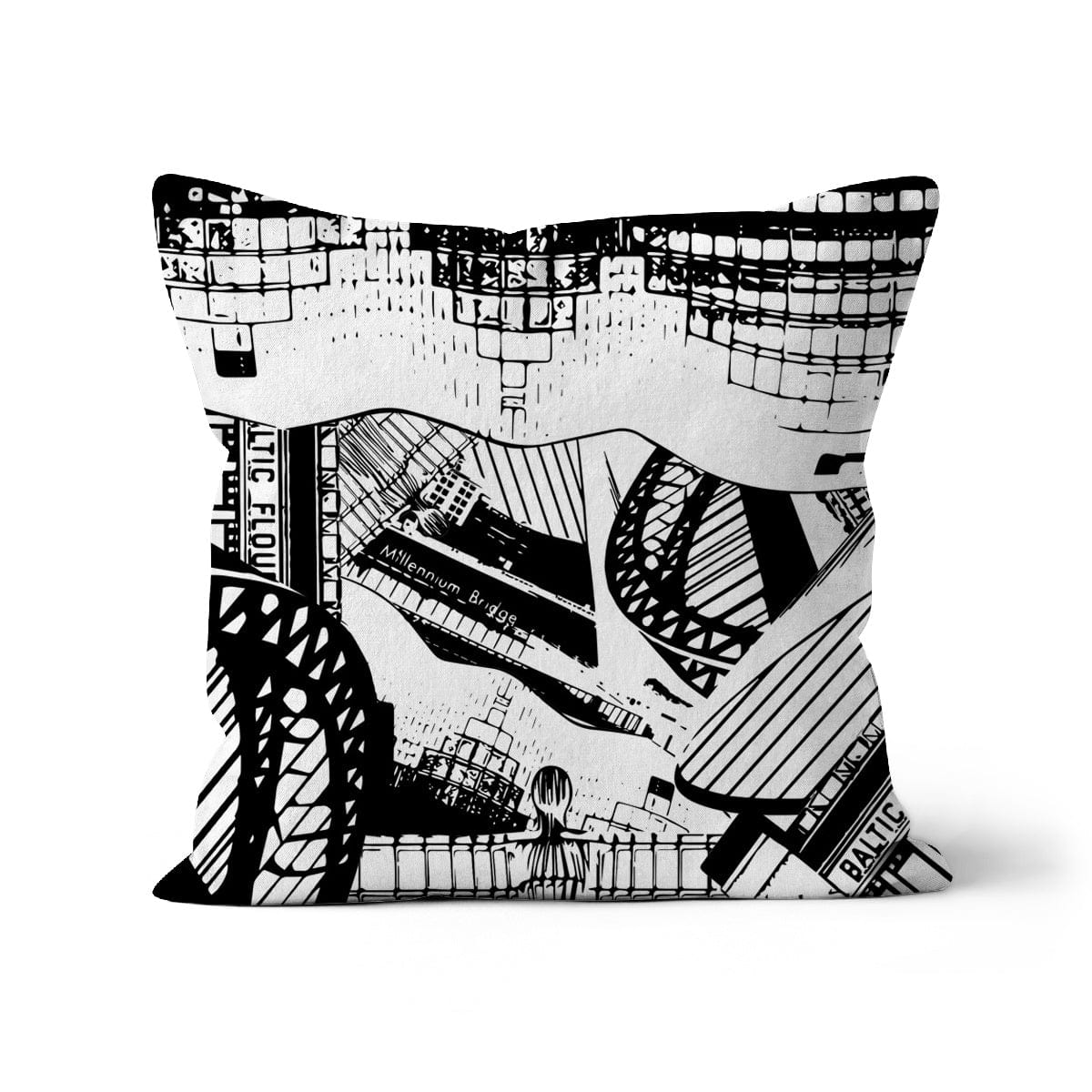 Prodigi Homeware Linen / 12"x12" Newcastle Cushion with black and white illustration of Newcastle and Gateshead landmarks and monuments