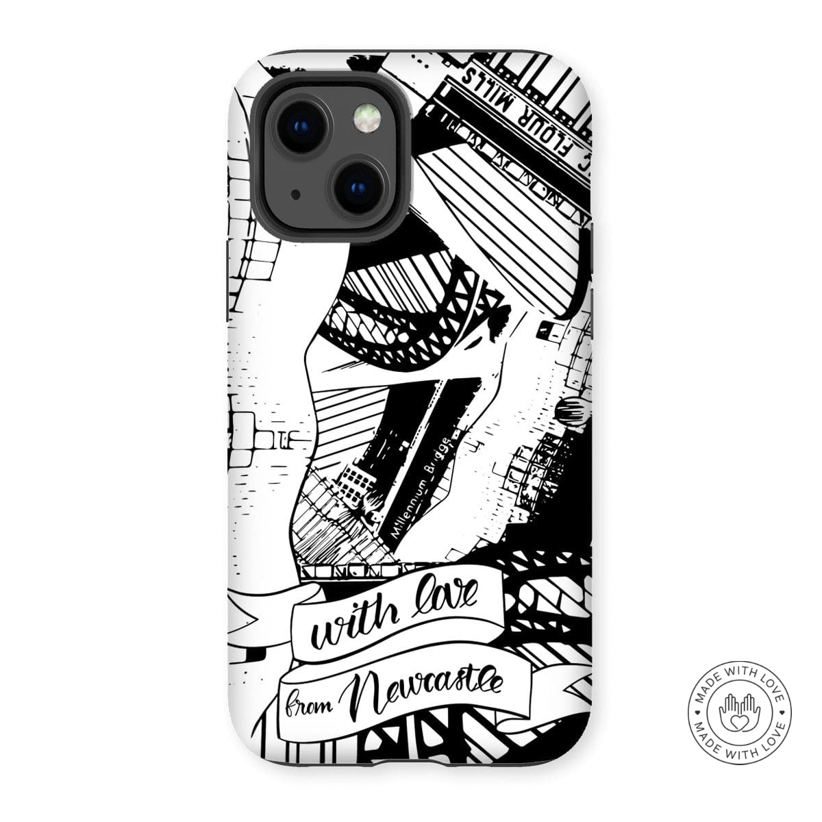 Prodigi Phone & Tablet Cases iPhone 13 / Gloss Newcastle Tough Phone Case with black and white illustration of Newcastle Landmarks and monuments